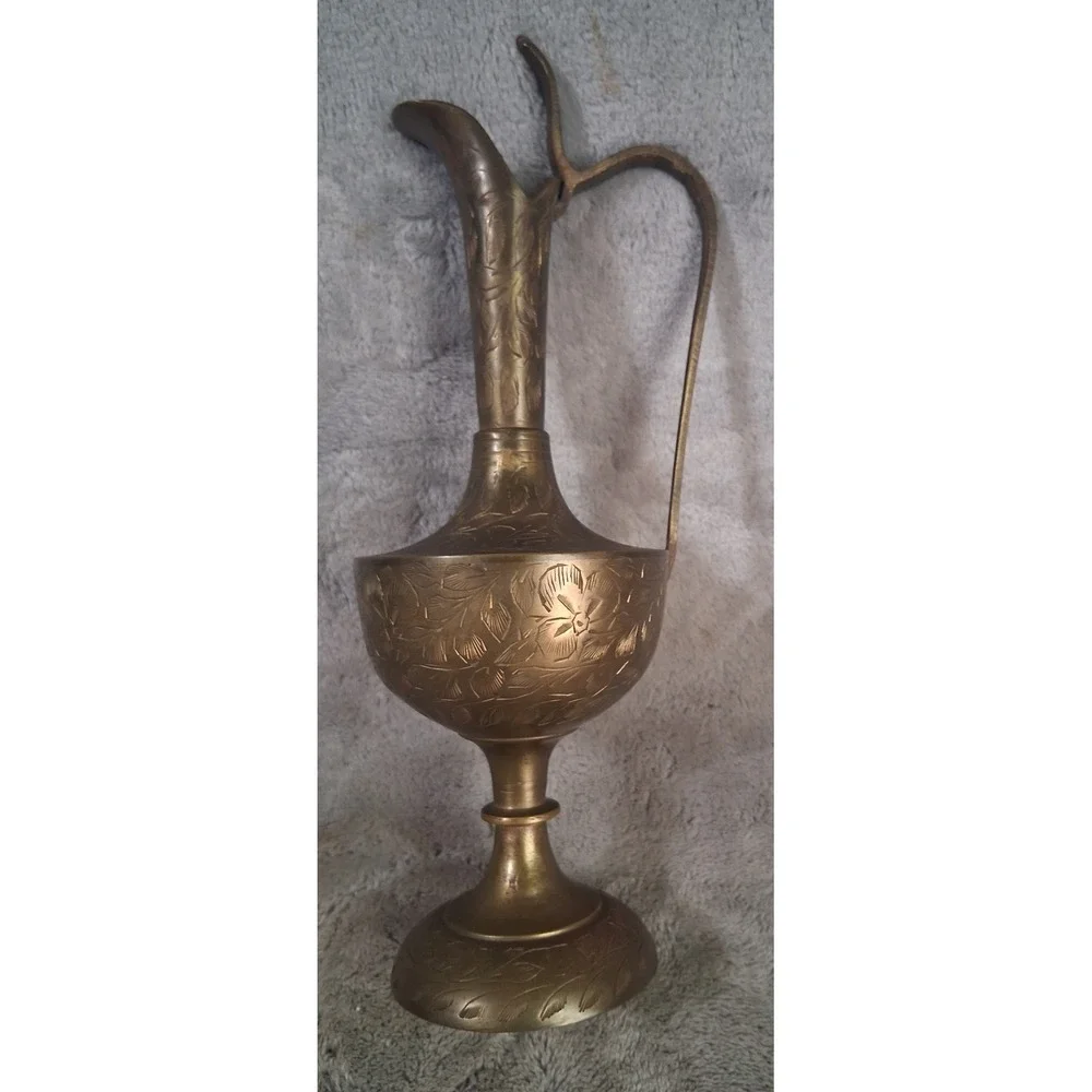 Vtg Etched Brass Pitcher Ewer Floral Hand Crafted India Aftaba Moorish Styl 9.5
